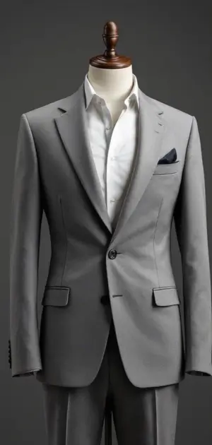 A light grey linen blazer with a white dress shirt and a pocket square on a mannequin