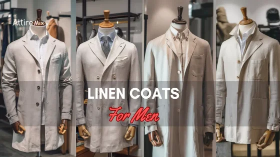 Four linen coats for men displayed on mannequins in light shades