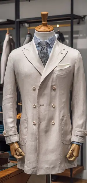 Double-breasted linen coat with pocket square