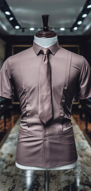 Brown short-sleeve formal shirt with tie displayed in a modern showroom