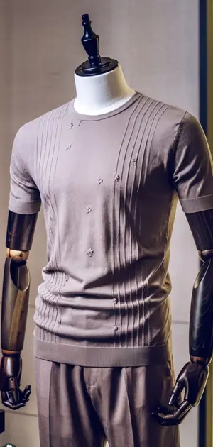 Textured linen t-shirt for men with vertical stitching details.