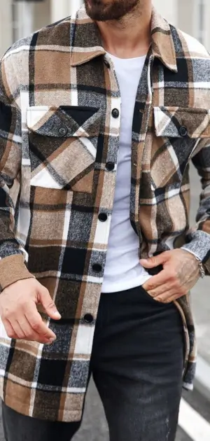 Men's plaid coat with bold brown and black patterns, perfect for casual outfits.