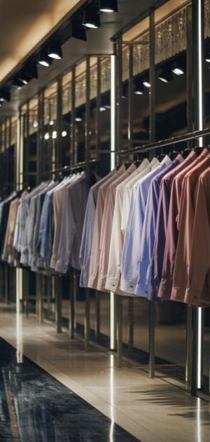 Luxury boutique with a variety of dress shirts displayed on racks and counters
