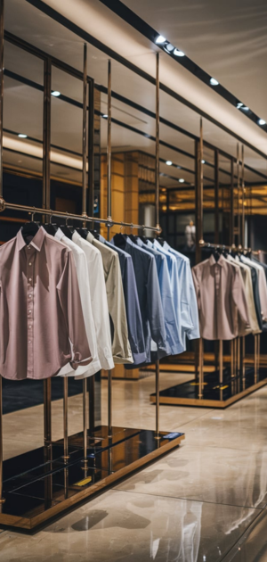 Row of luxury formal dress shirts on hangers in a high-end retail store