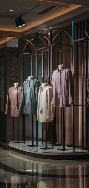 Luxury boutique display with formal dress shirts and elegant chandelier lighting"