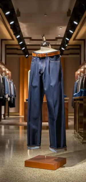 Wide-fit denim jeans styled on a mannequin stand