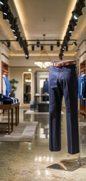 Slim-fit jeans on a minimalist stand in a luxury store.