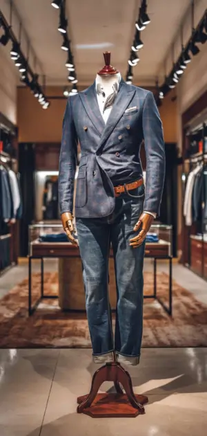 Luxury blazer and jeans displayed on a mannequin