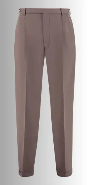 Taupe colored luxury pants on display