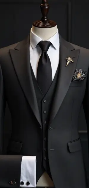 Black suit with satin lapels and a gold star brooch