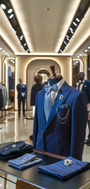 Navy suit with blue tie, chain accessory, and silver lapel pin in a showroom.