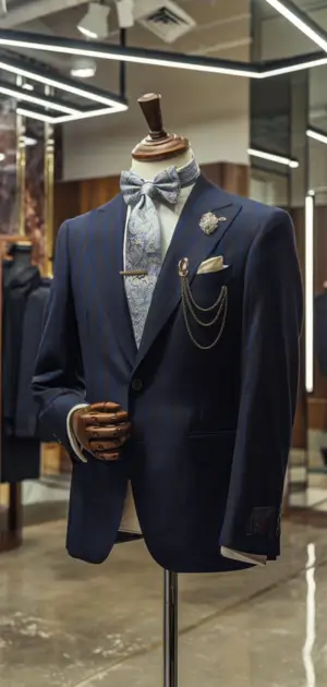 Navy suit with floral pattern, blue tie, lapel chain, and matching pocket square