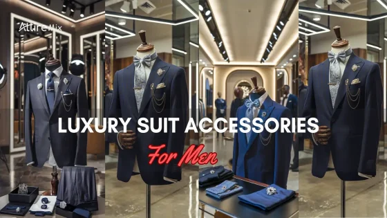 Collage of luxury suits with accessories, including ties, lapel pins, and pocket squares.