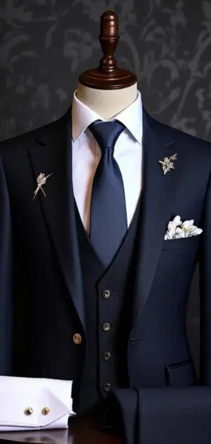 Navy suit with black tie and gold lapel pins