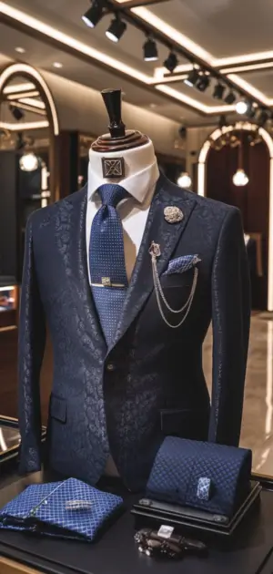 Navy suit with paisley bow tie, lapel chain, and premium pocket square.