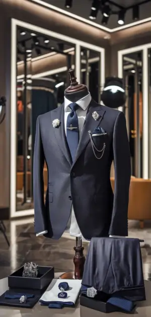 Navy suit with a patterned bow tie, lapel chain, and matching pocket square on display.
