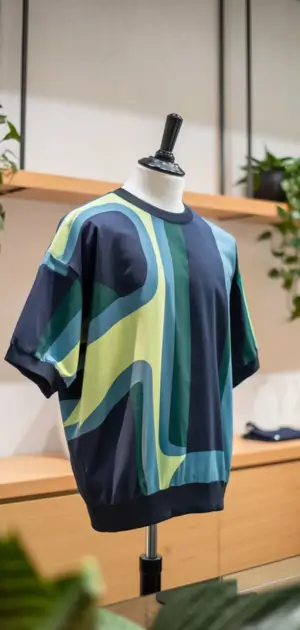 Colorful abstract pattern t-shirt on display
