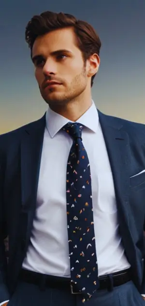 A navy-blue tie paired with a white dress shirt and a sleek pocket square.