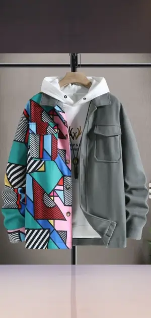 Men’s abstract jacket showcasing bold geometric designs with vibrant colors.