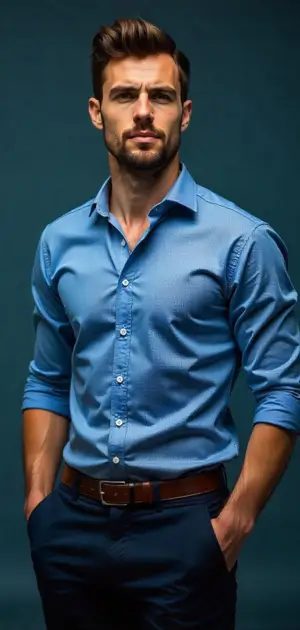 Blue mens athletic fit shirts formal dress paired with navy trousers and a belt.