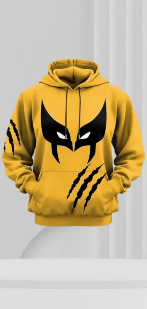 Men's yellow hoodie featuring a black mask and claw print design.
