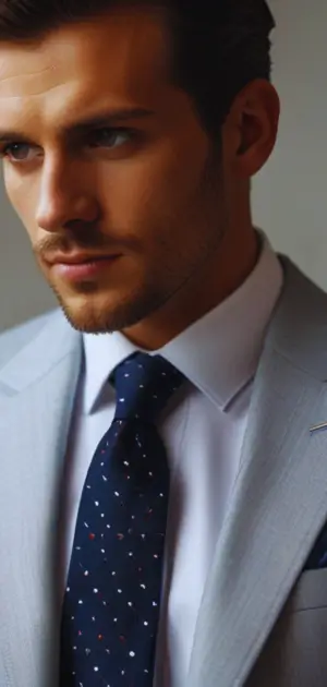 Man wearing a navy athletic tie with a crisp white shirt and suit.
