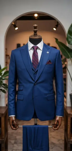 A mannequin dressed in a sharp blue formal suit with a red tie.
