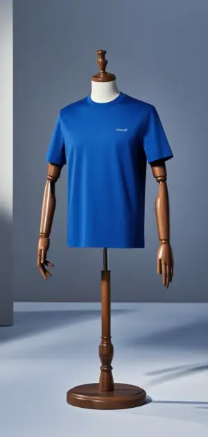 Blue t shirt for men oversized on a mannequin stand, showcasing a minimalist design.