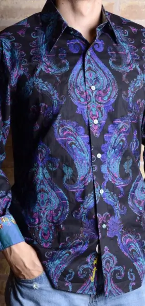 Shop for bohemian style dresses Bohemian formal dress shirt featuring purple and blue paisley patterns.