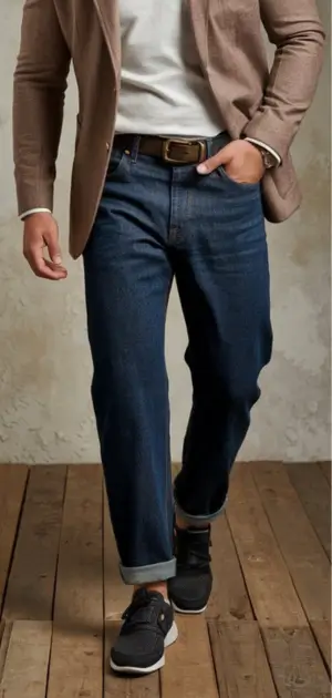A man wearing a business casual jeans outfit men with a beige blazer, white shirt, and sneakers.