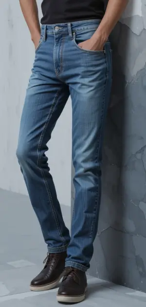 Men's slim-fit denim jeans with a faded wash, tapered fit, and modern look.
