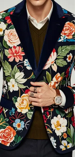 Stylish men’s floral jacket with eye-catching patterns for modern outfits.