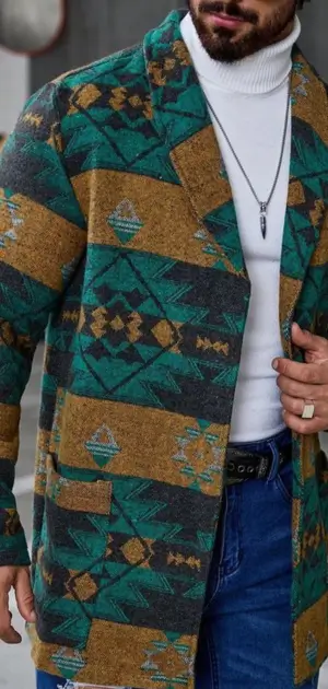 Men’s green and mustard geometric coat featuring bold patterns and casual appeal.