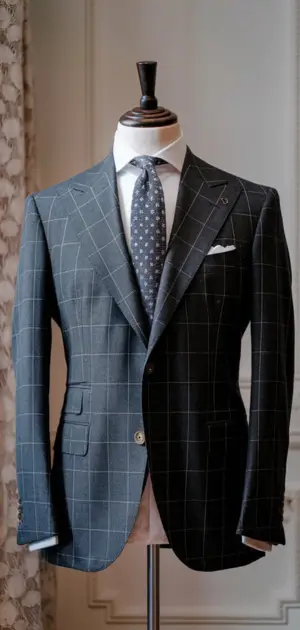 A gray checkered formal suit paired with a dotted tie, ideal for a polished look.