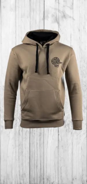 A stylish tan men's neutral hoodie featuring black accents and a modern fit.