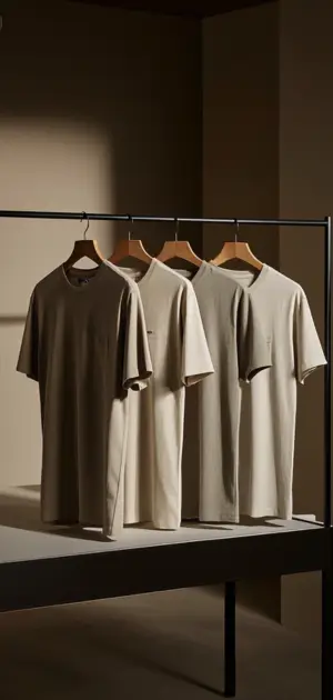 A set of three neutral-colored t-shirts displayed on wooden hangers under warm lighting.