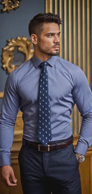 Blue formal dress shirt paired with navy trousers and a printed tie for men formal shirts for office.