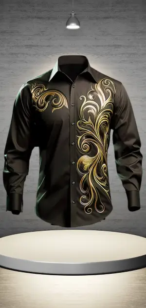 Men's black formal dress shirt adorned with detailed gold swirl patterns, perfect for special occasions.