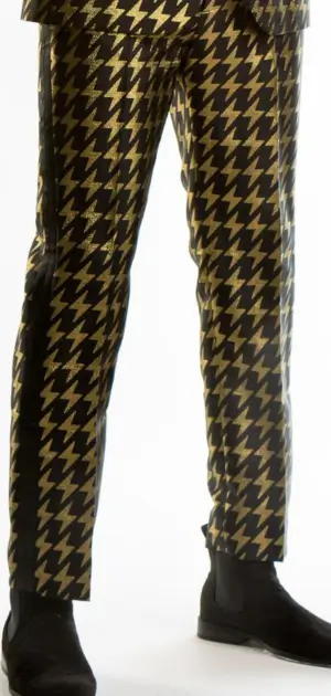 Men’s black and gold party pants featuring a bold and eye-catching design party trouser for men.