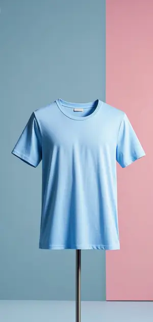 Light blue pastel men's t-shirt on a stand, set against a blue and pink backdrop.