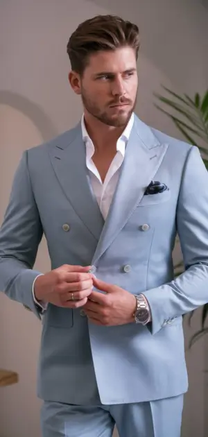 Man wearing a light blue double-breasted pastel suit with a white shirt and pocket square.