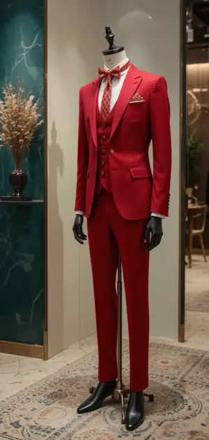 A stylish red three-piece suit with a bow tie displayed on a mannequin.