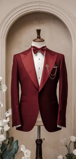 Red suits for men formal suits with a satin lapel, bow tie, and decorative chain on a mannequin.