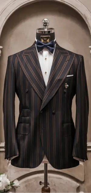 A mannequin showcasing a striped suit with a bow tie and pocket square.