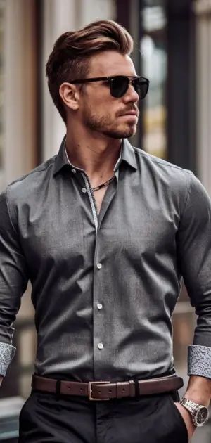 Confident man sporting a fashionable gray sports formal dress shirt in a city setting.