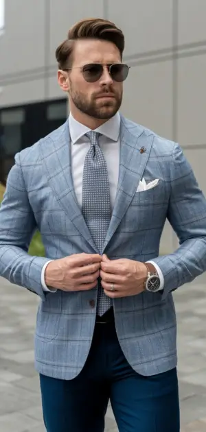 Man in a light blue checkered blazer with tie, showcasing men's suits formal wear style in sports formal style.