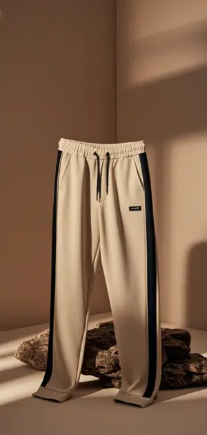 Beige sports pants for men with black side stripes, perfect for casual wear.