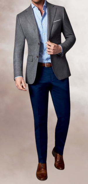 Man wearing a gray blazer, blue trousers, and brown shoes in a sport formal suits design for me.
