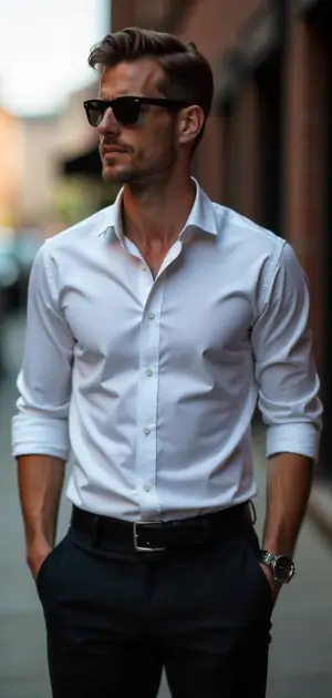 Men’s crisp white Streetwear casual street style mens fashion paired with black trousers.