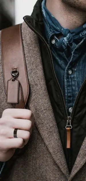 Travel accessories for international travel Close-up of a man with a herringbone suit, denim shirt, and leather backpack.